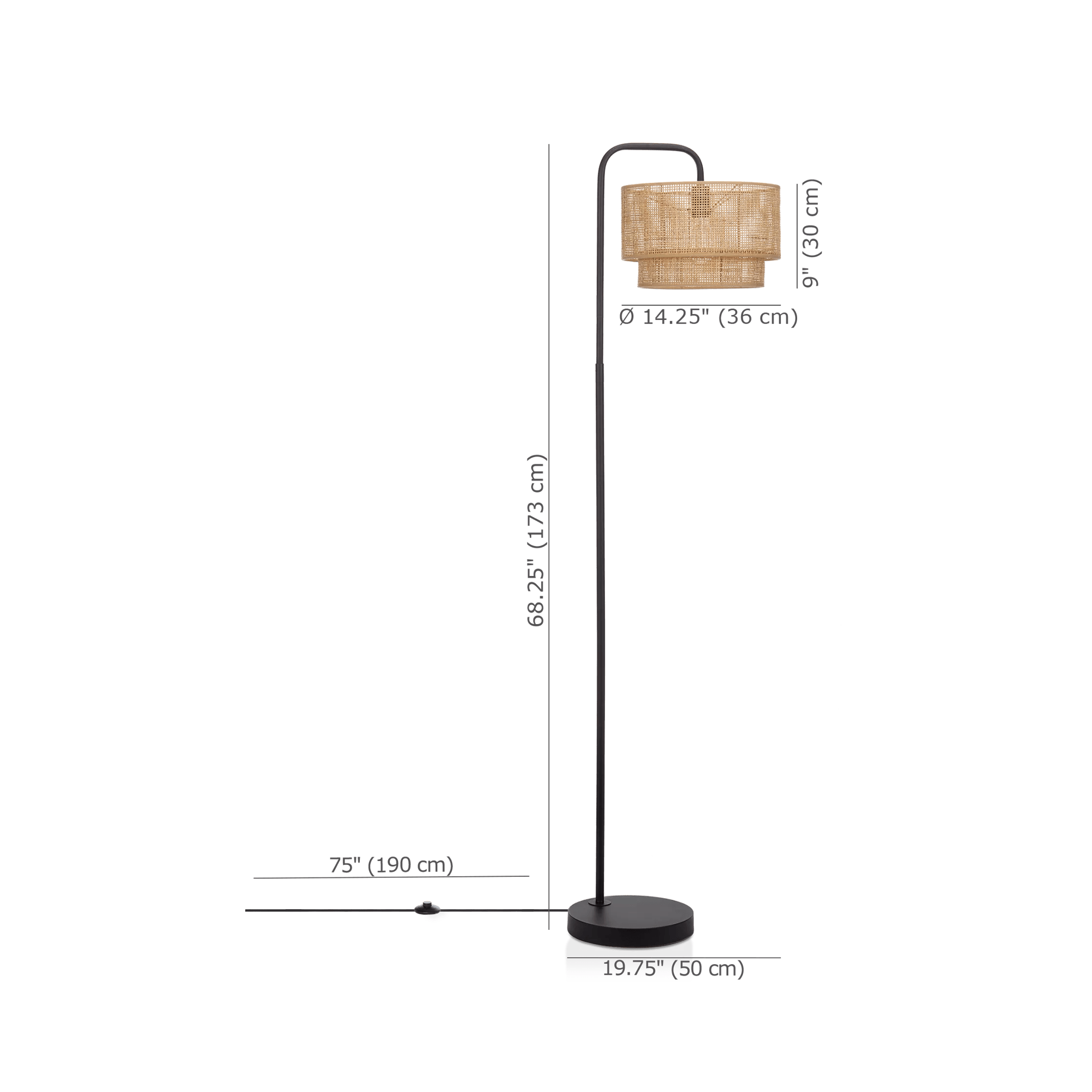 Floor Lamp with Rattan Shade and Metal Base