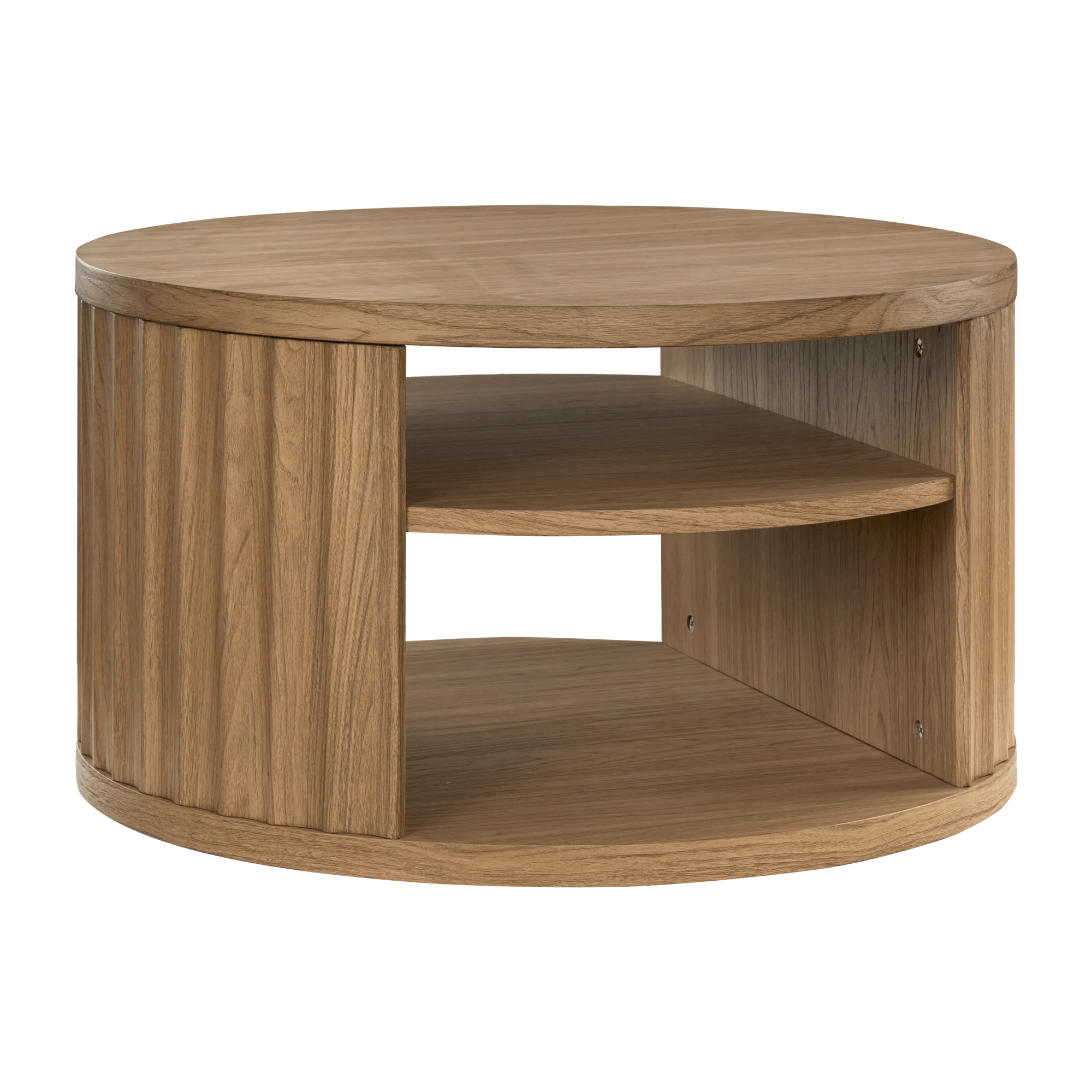 Round Ribbed Wood Coffee Table with Shelf