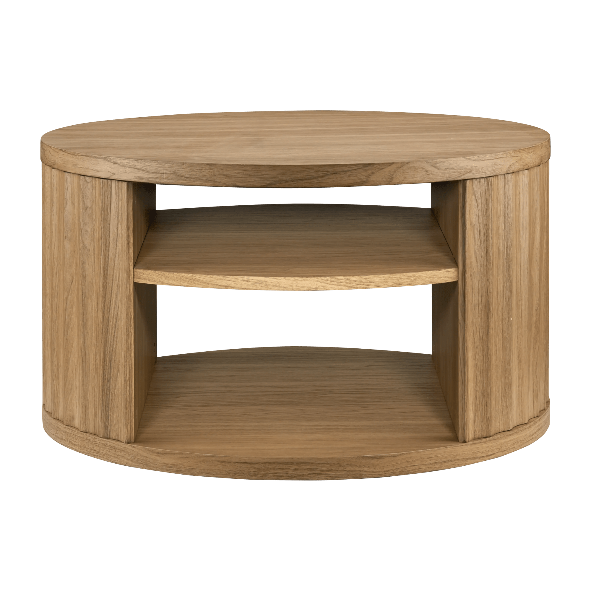Round Ribbed Wood Coffee Table with Shelf
