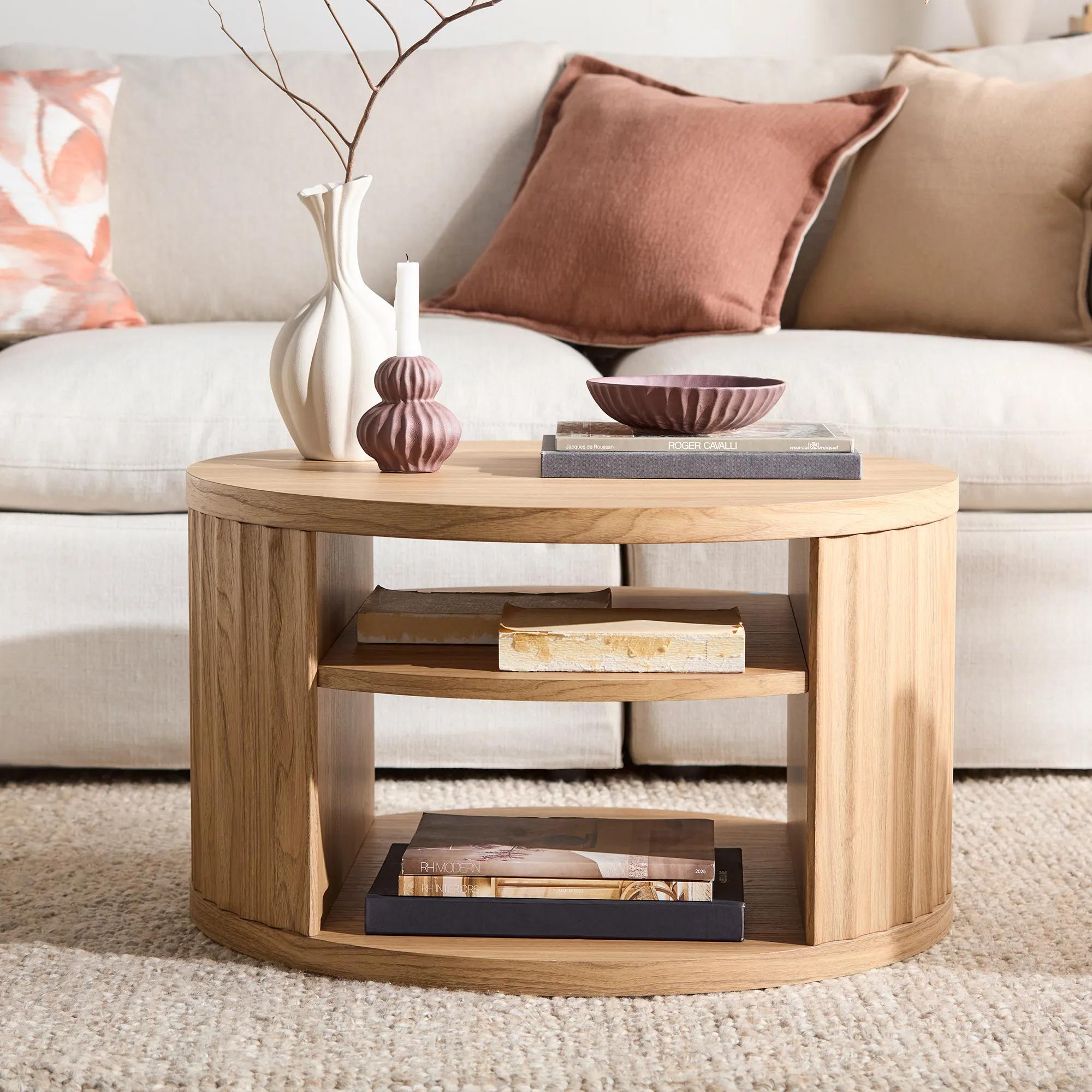 Round Ribbed Wood Coffee Table with Shelf